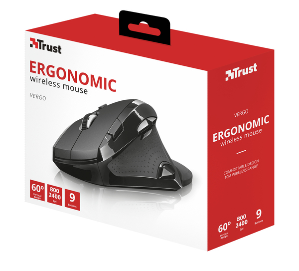 Trust Vergo Wireless Ergonomic Comfort - tr&aring;dl&ouml;s mus, Svart