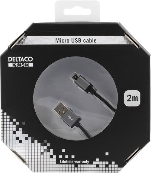 DELTACO PRIME USB-synk-/latauskaapeli, USB Micro B, 2m, musta