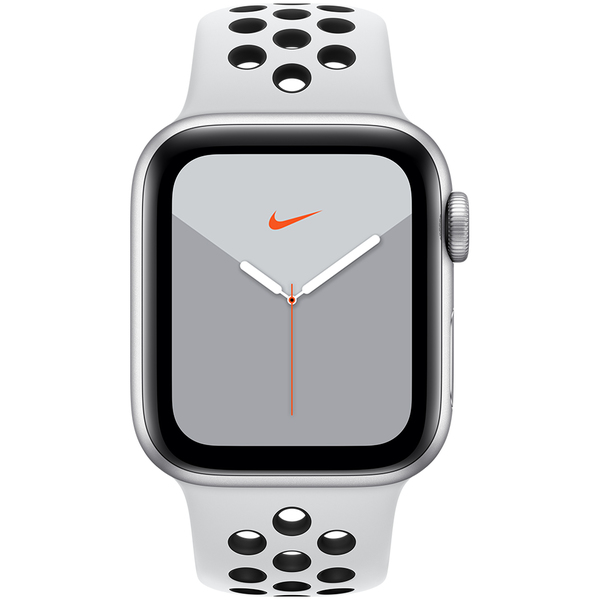 Apple Watch Nike Series 5 GPS, 40 mm hopeanv&auml;rinen alumiinikuori ja Pure Platinum/musta Nike Sport ‑ranneke