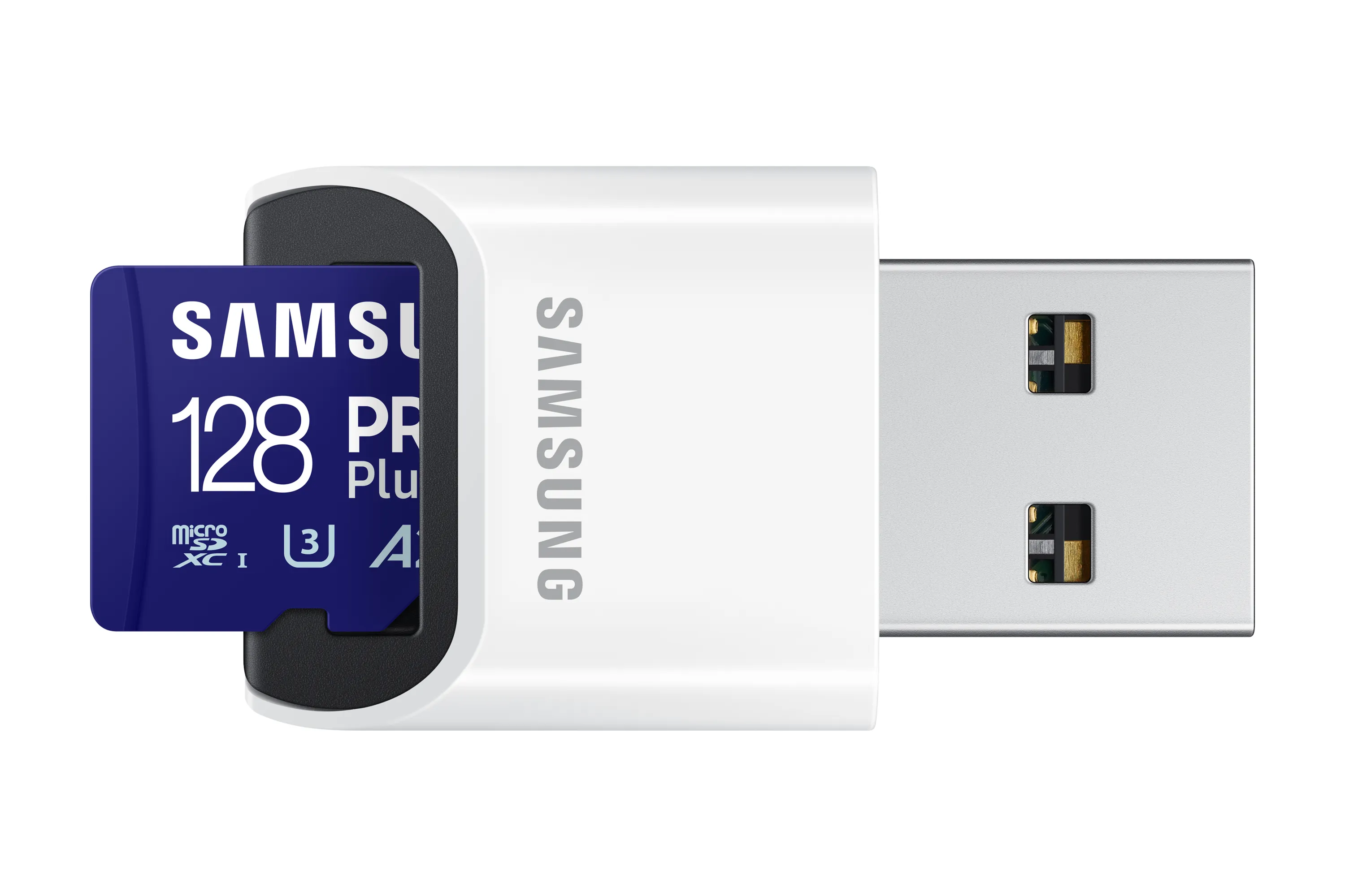 Samsung PRO Plus 128GB MicroSDXC UHS-I U3 V30 A2 card with USB reader