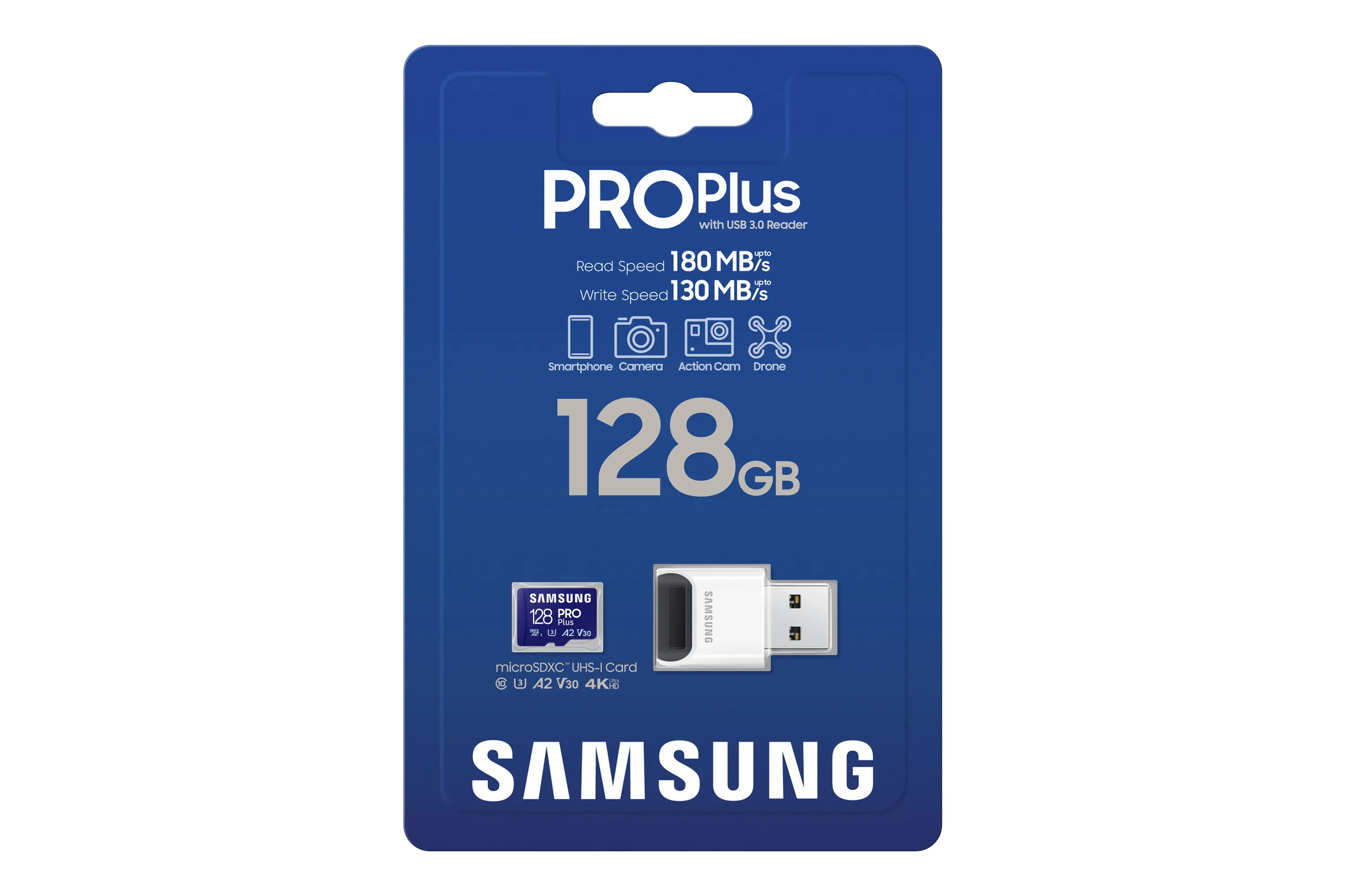 Samsung PRO Plus 128GB MicroSDXC UHS-I U3 V30 A2 card with USB reader