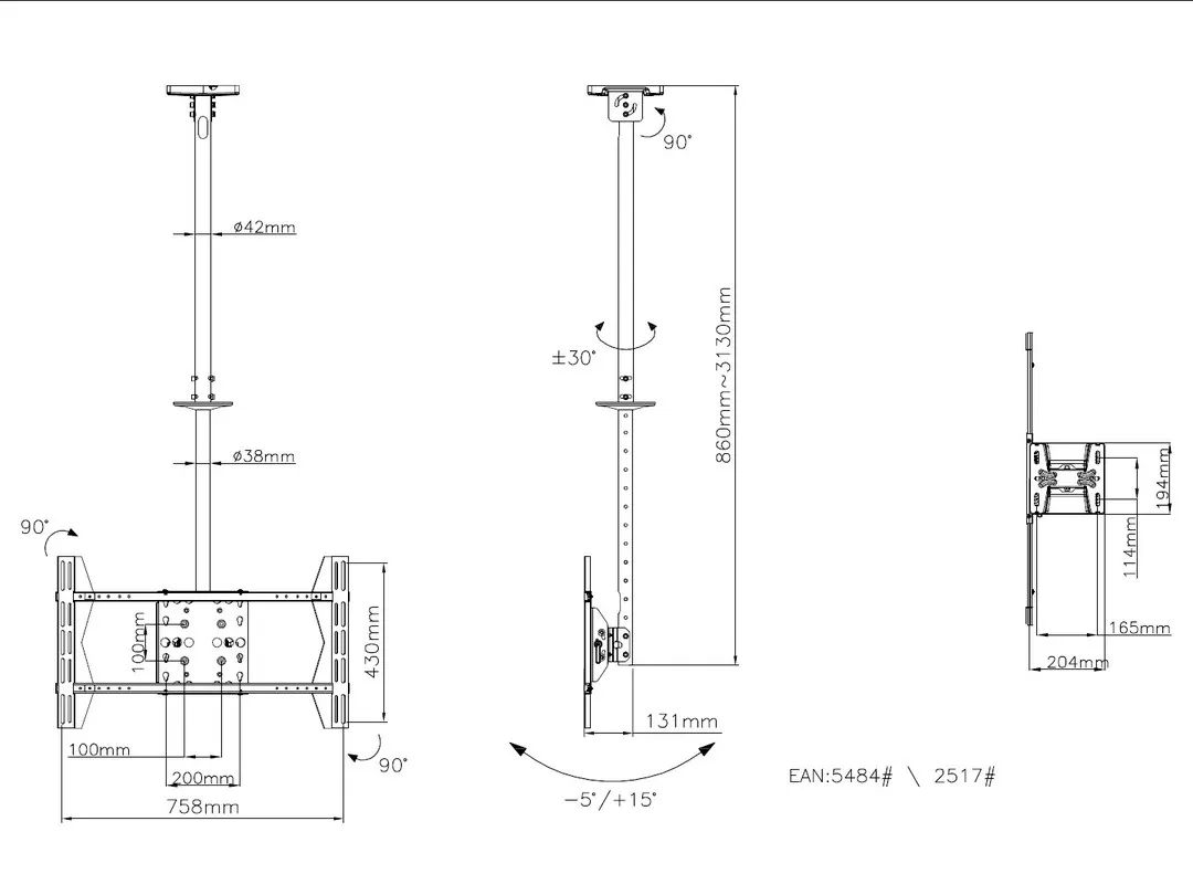 Multibrackets M Public Ceilingmount Large Single - Ceiling mount tuotteelle LCD-n&auml;ytt&ouml; - ter&auml;s - musta -n&auml;yt&ouml;n koko: 42"-63"