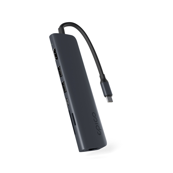 Epico 7in1 Multimedia Hub 100W USB-C PD, 2 × USB-A, HDMI, Ethernet, SD/Micro SD Card Slot 8K with USB-C Connector, Midnight Color