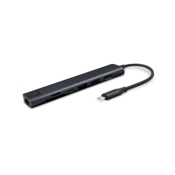 Epico 7in1 Multimedia Hub 100W USB-C PD, 2 × USB-A, HDMI, Ethernet, SD/Micro SD Card Slot 8K with USB-C Connector, Midnight Color