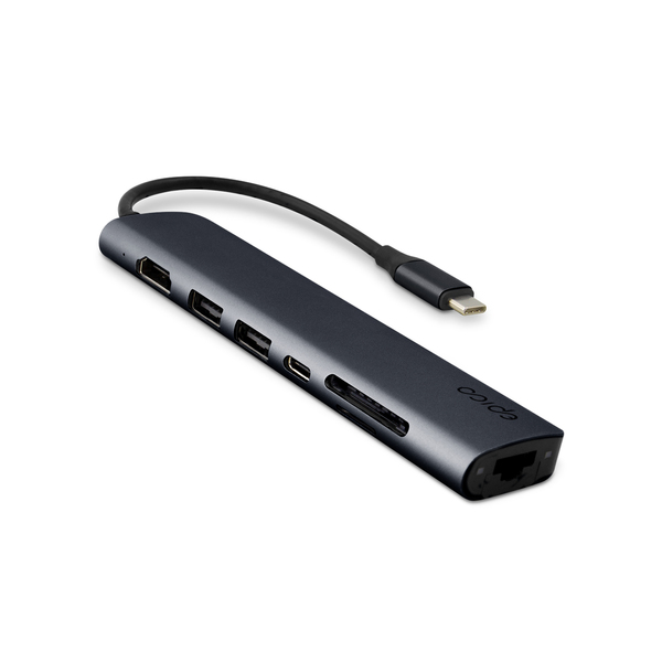 Epico 7in1 Multimedia Hub 100W USB-C PD, 2 × USB-A, HDMI, Ethernet, SD/Micro SD Card Slot 8K with USB-C Connector, Midnight Color