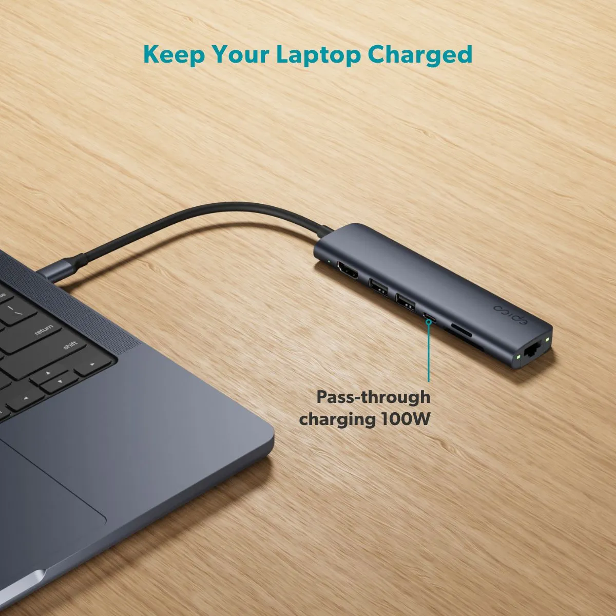 Epico 7in1 Multimedia Hub 100W USB-C PD, 2 &times; USB-A, HDMI, Ethernet, SD/Micro SD Card Slot 8K with USB-C Connector, Midnight Color