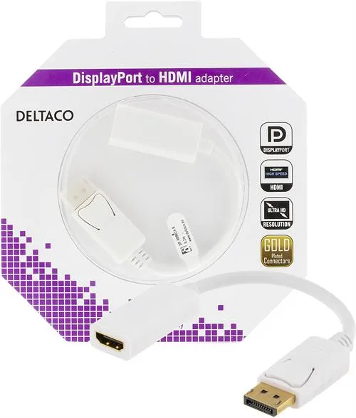 DELTACO Displayport - HDMI sovitin, 4K, audio, 0,2, valkoinen