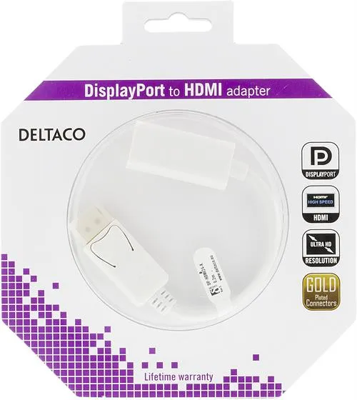 DELTACO Displayport - HDMI sovitin, 4K, audio, 0,2, valkoinen