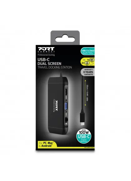 Port Designs USB-C Dual Screen Travel Docking Station 1 x 4K, 100W PD