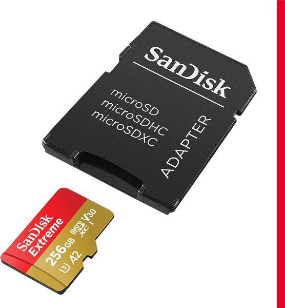 SanDisk Extreme Plus 256 GB MicroSDXC UHS-I U3 V30 A2 kort + SD-adapter
