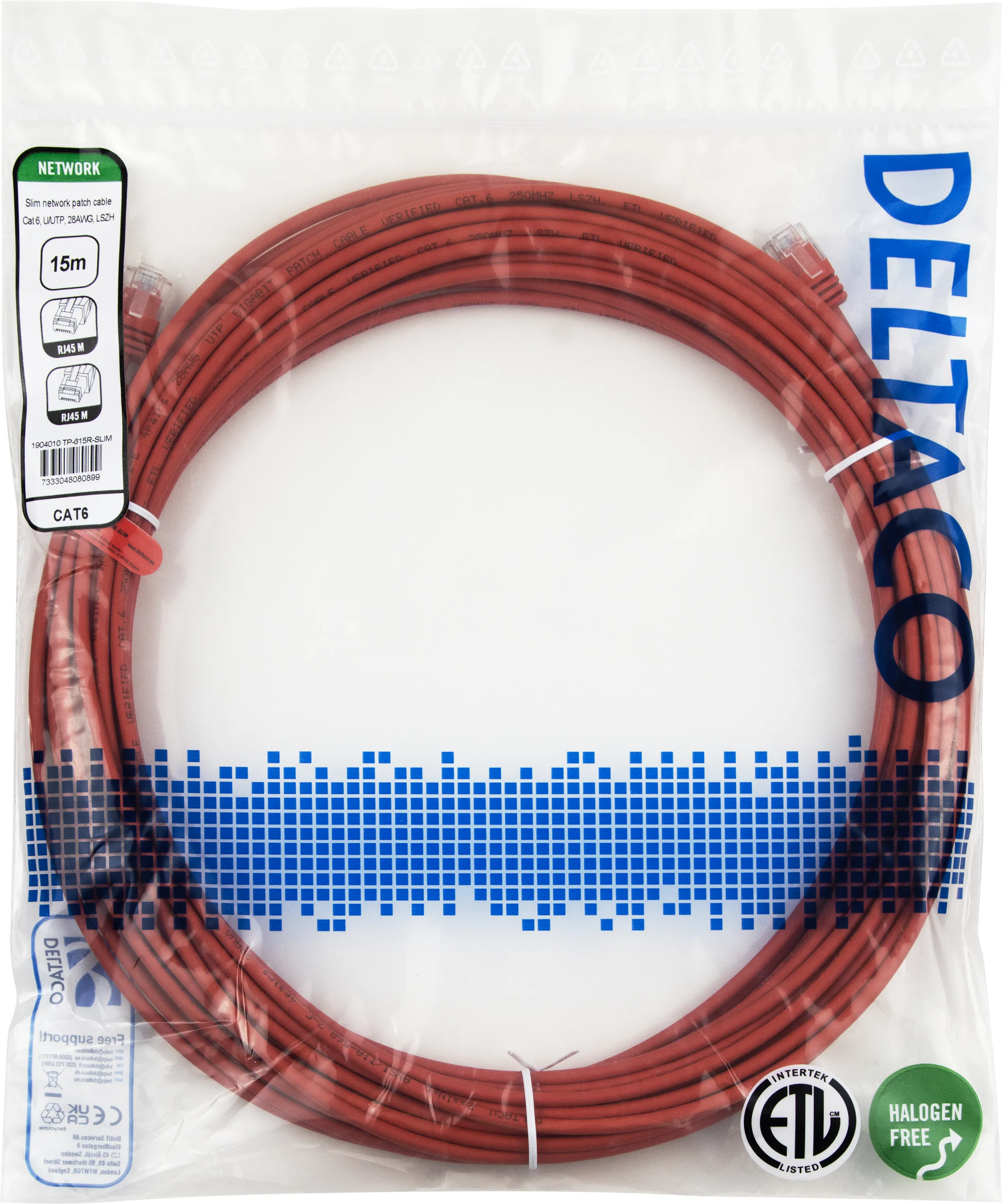 Deltaco Cat6 UTP RJ45 15m -verkkokaapeli, punainen