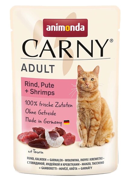Animonda Carny Adult Beef, Turkey and Shrimps, V&aring;tfoder f&ouml;r katt, 85 g