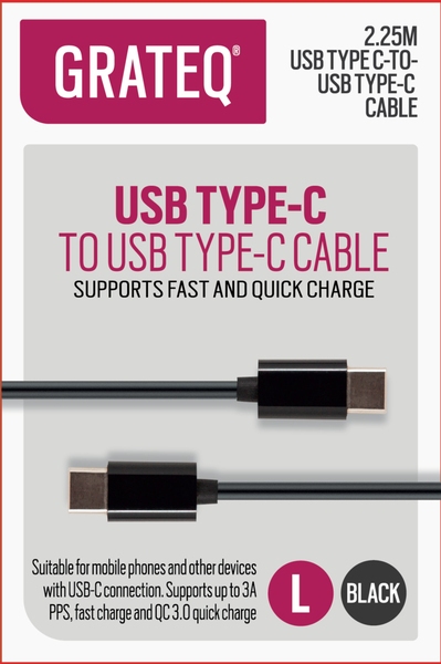Grateq USB-C - USB-C Quick 100W - kabel, 2,25m, Svart