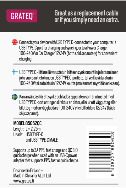 Grateq USB-C - USB-C Quick 100W - kabel, 2,25m, Svart