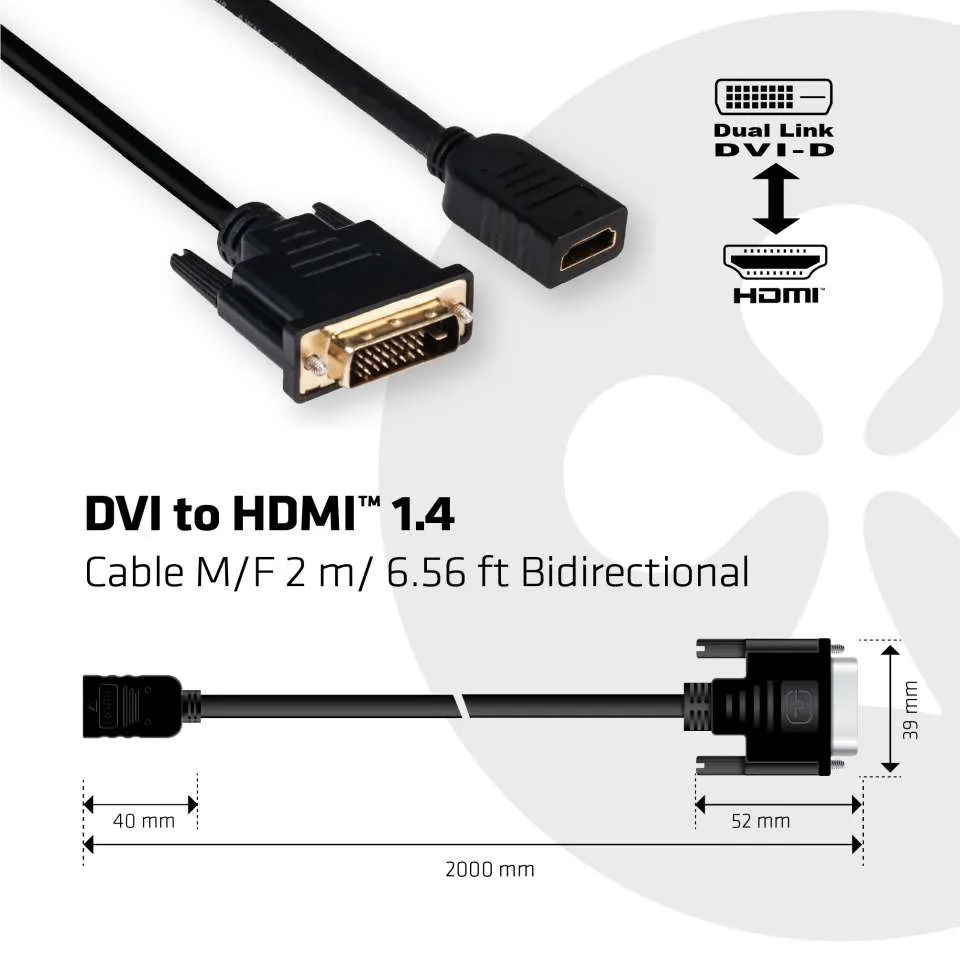 Club 3D DVi - HDMI 1.4  M/F Bidirectional - adapter, Svart, 2m