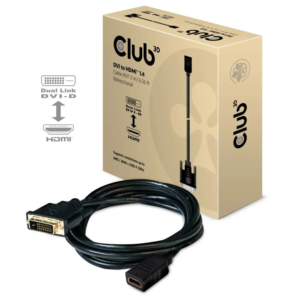 Club 3D DVi - HDMI 1.4  M/F Bidirectional - adapter, Svart, 2m