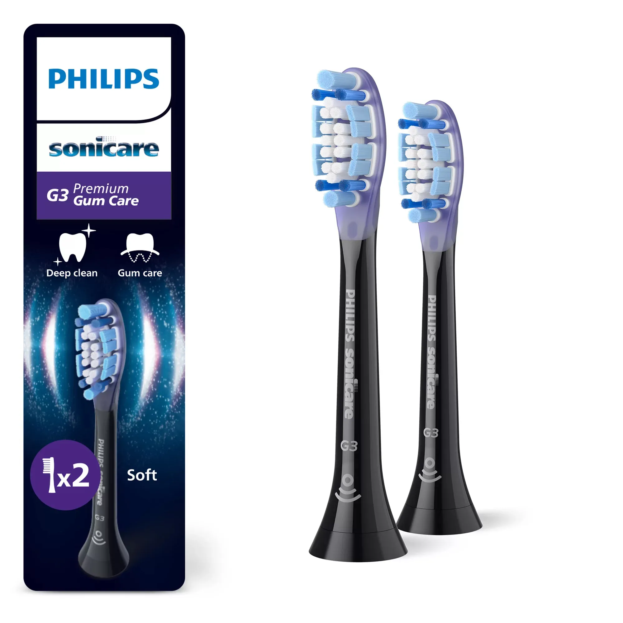 Philips Sonicare G3 Premium Gum Care HX9052/88 2 pcs Replacement Toothbrush Heads, Black