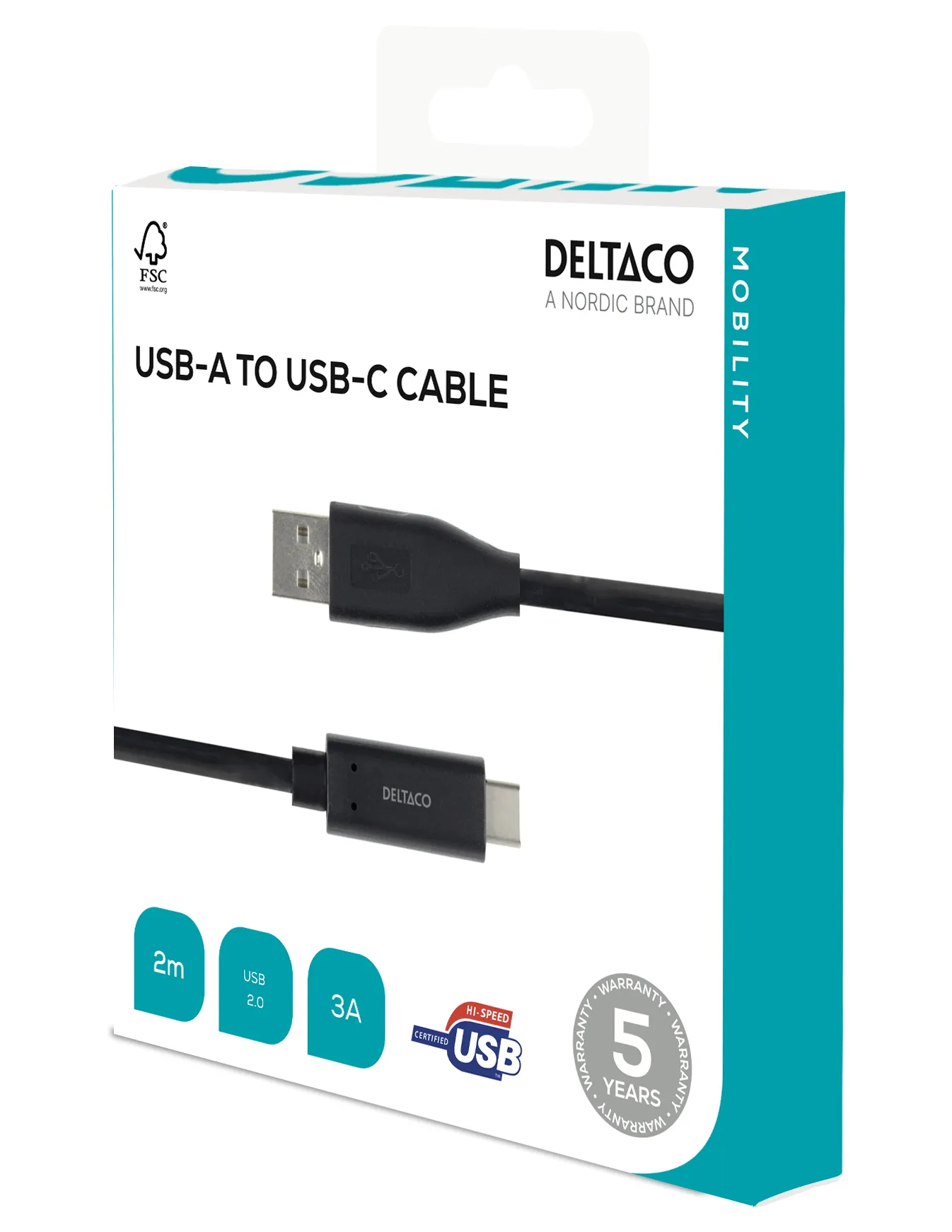 Deltaco USB-C to USB-A cable, 2 m, Black