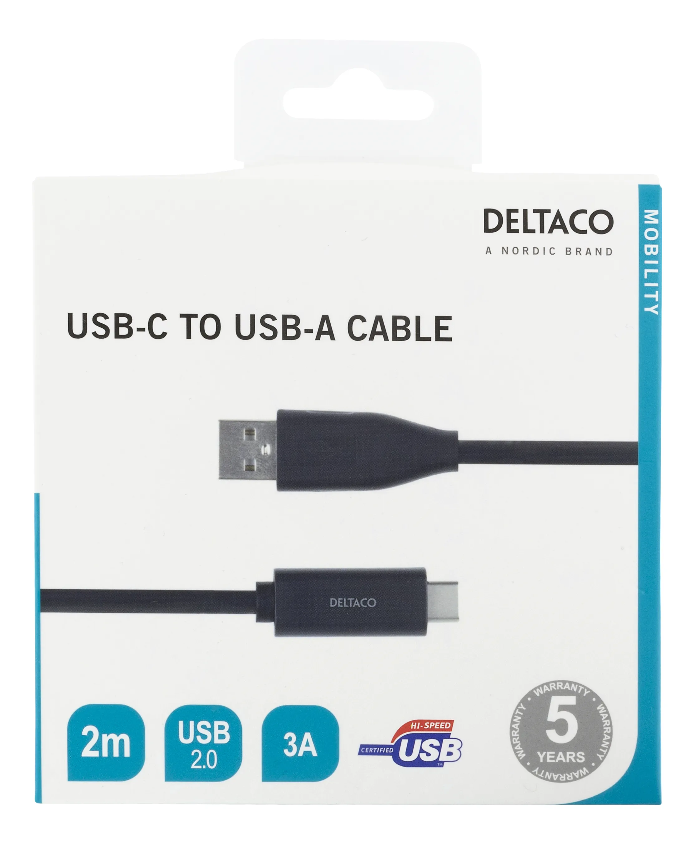 Deltaco USB-C to USB-A cable, 2 m, Black