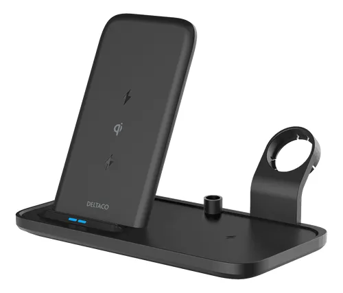 DELTACO 2-in-1 wireless charger, 10 W, 5 W, USB-A out 5 W, black
