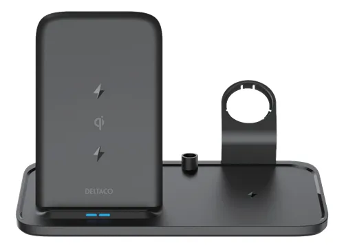 DELTACO 2-in-1 wireless charger, 10 W, 5 W, USB-A out 5 W, black