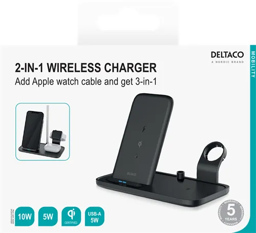 DELTACO 2-in-1 wireless charger, 10 W, 5 W, USB-A out 5 W, black