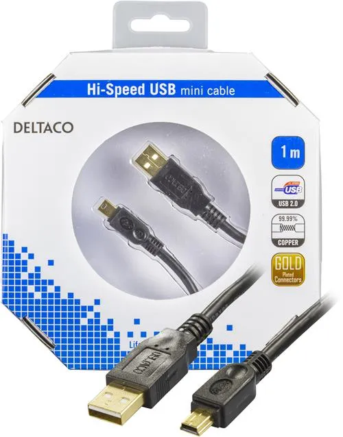 Deltaco USB-A - Mini-USB B - cable, 1 m, Black