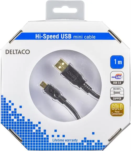 Deltaco USB-A - Mini-USB B - cable, 1 m, Black