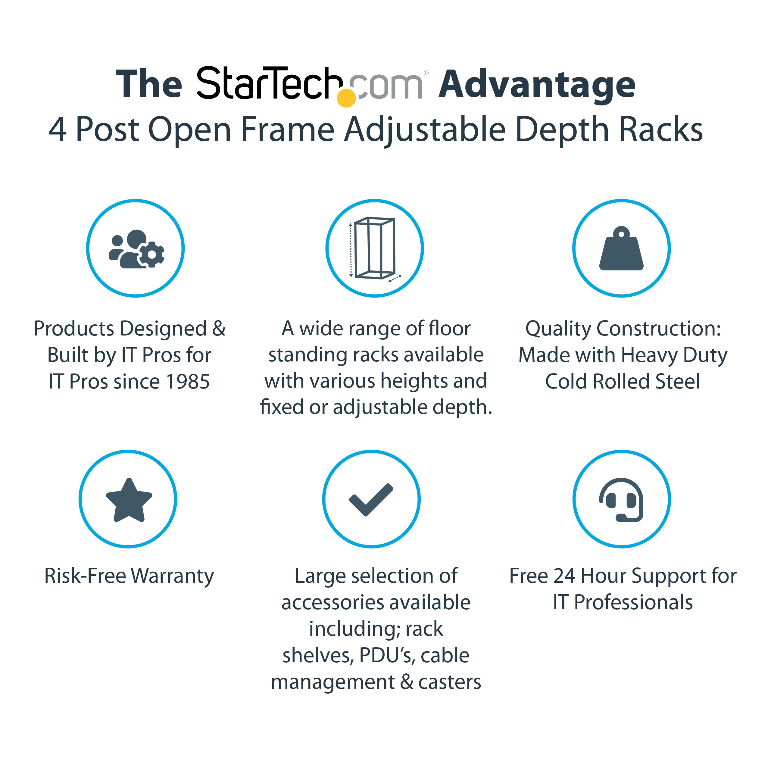 STARTECH.COM 18U Open Frame Rack - 4 Post - 22-40in. Adjustable Depth - 1200lb. Weight Capacity - w/ Casters and Cable Hooks