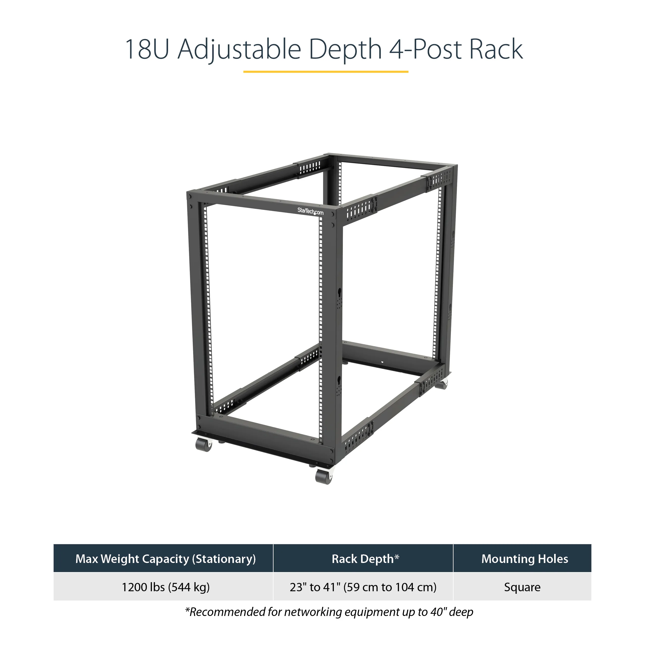 STARTECH.COM 18U Open Frame Rack - 4 Post - 22-40in. Adjustable Depth - 1200lb. Weight Capacity - w/ Casters and Cable Hooks