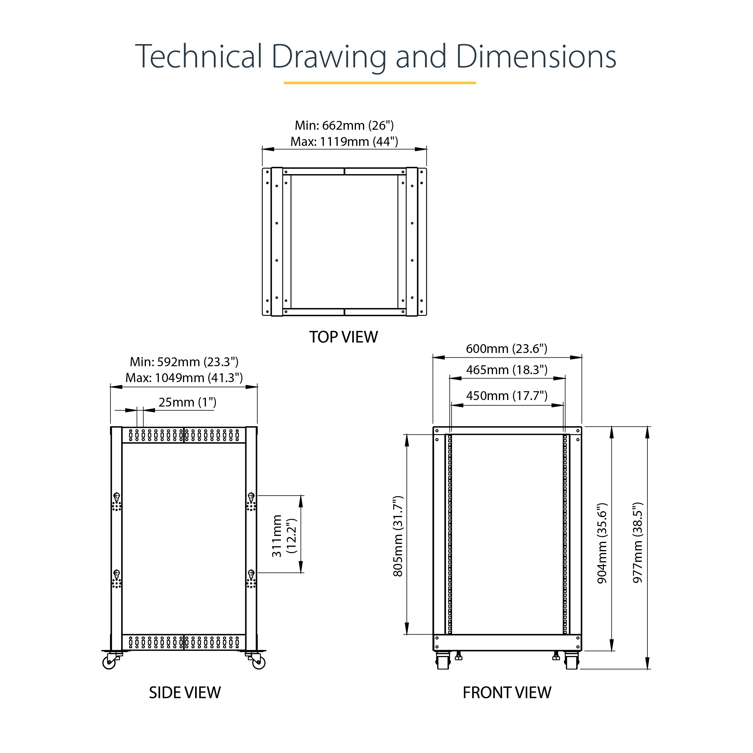 STARTECH.COM 18U Open Frame Rack - 4 Post - 22-40in. Adjustable Depth - 1200lb. Weight Capacity - w/ Casters and Cable Hooks