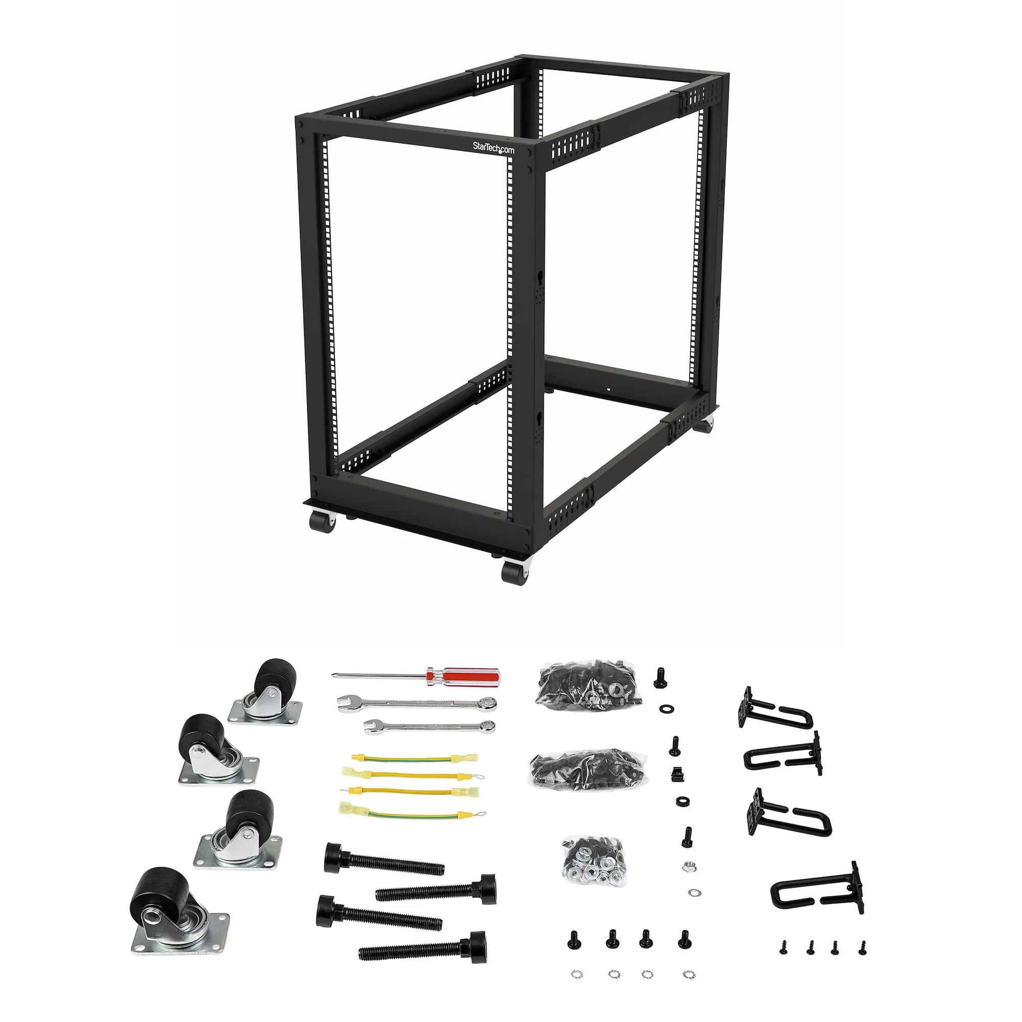 STARTECH.COM 18U Open Frame Rack - 4 Post - 22-40in. Adjustable Depth - 1200lb. Weight Capacity - w/ Casters and Cable Hooks