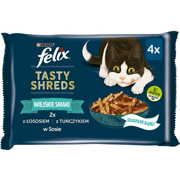 PURINA Felix Tasty Shreds Fish Selection (Salmon &amp; Tuna), V&aring;tfoder f&ouml;r katt, Adult, 4 x 80 g