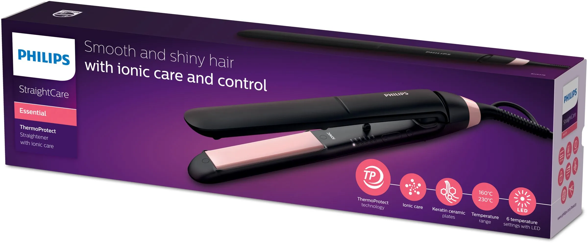 Philips StraightCare Essential BHS378/00 -suoristusrauta, musta/pinkki