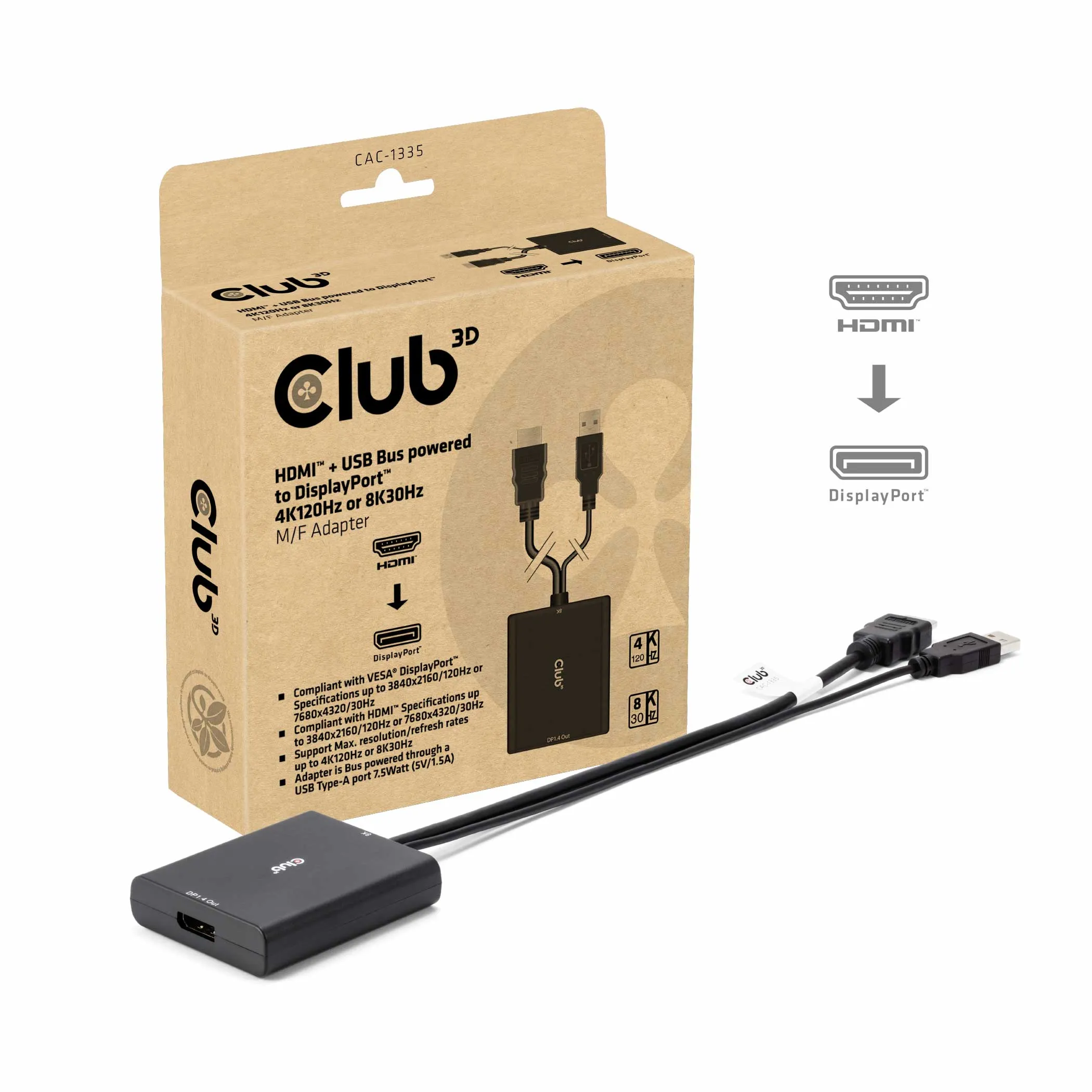 Club 3D HDMI 2.1 + Micro USB - DisplayPort active - adapter, Black