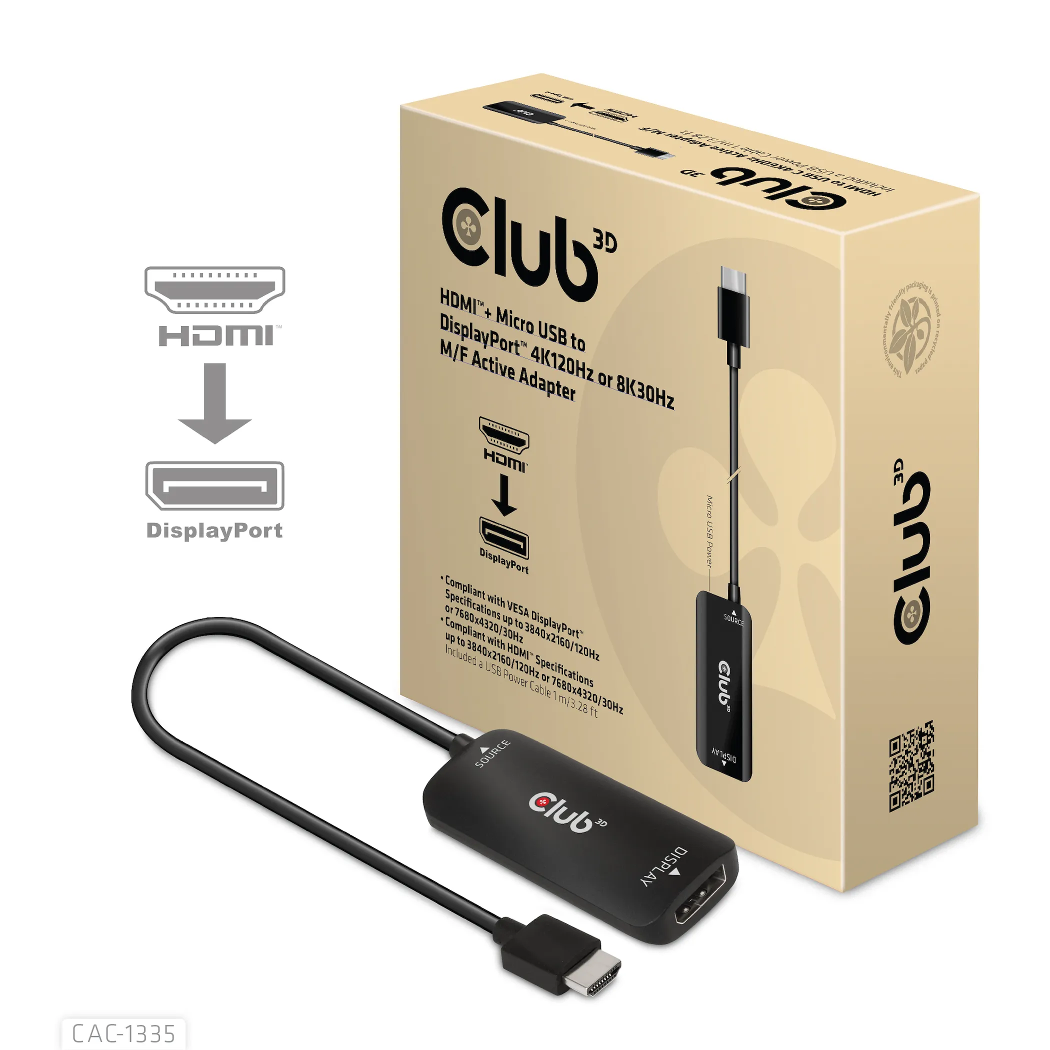 Club 3D HDMI 2.1 + Micro USB - DisplayPort active - adapter, Black