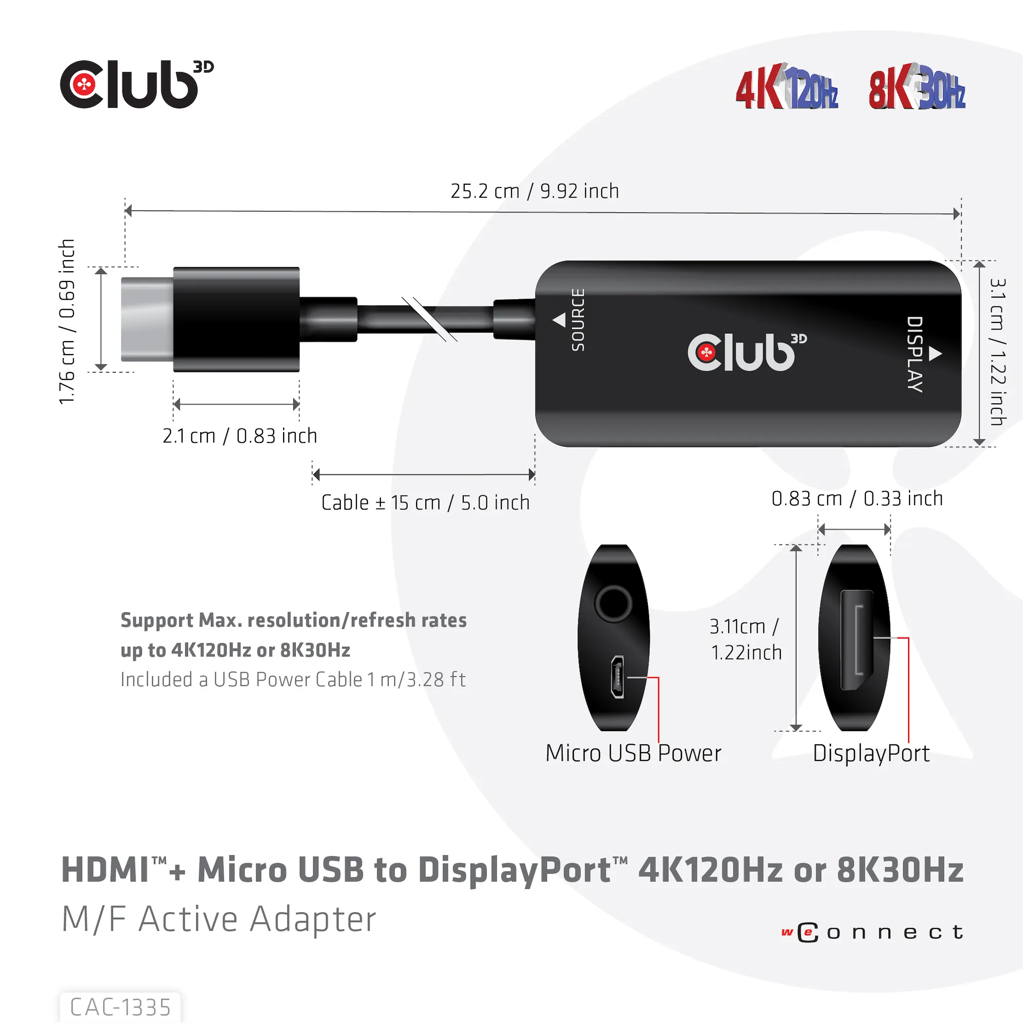 Club 3D HDMI 2.1 + Micro USB - DisplayPort active - adapter, Black