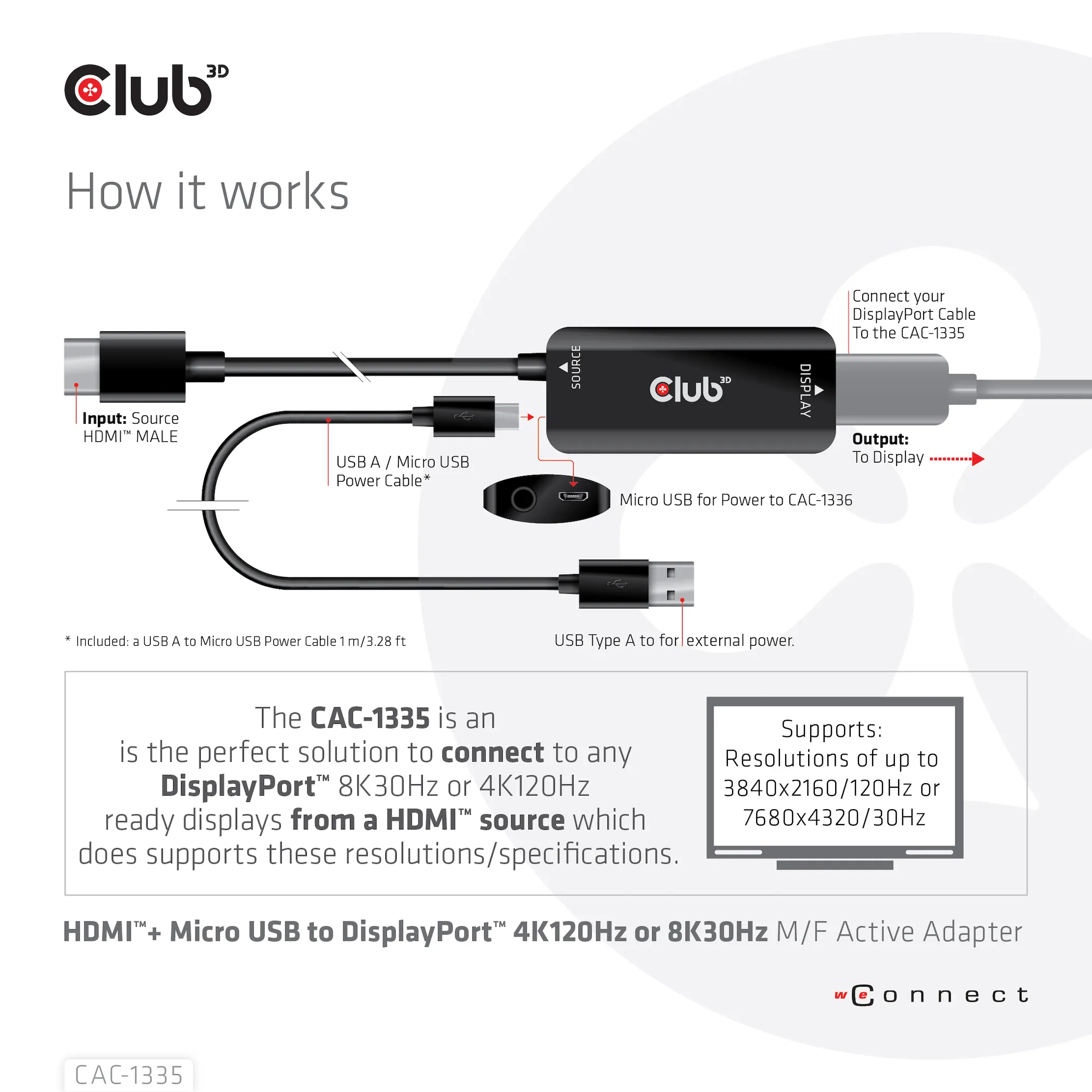 Club 3D HDMI 2.1 + Micro USB - DisplayPort active - adapter, Black