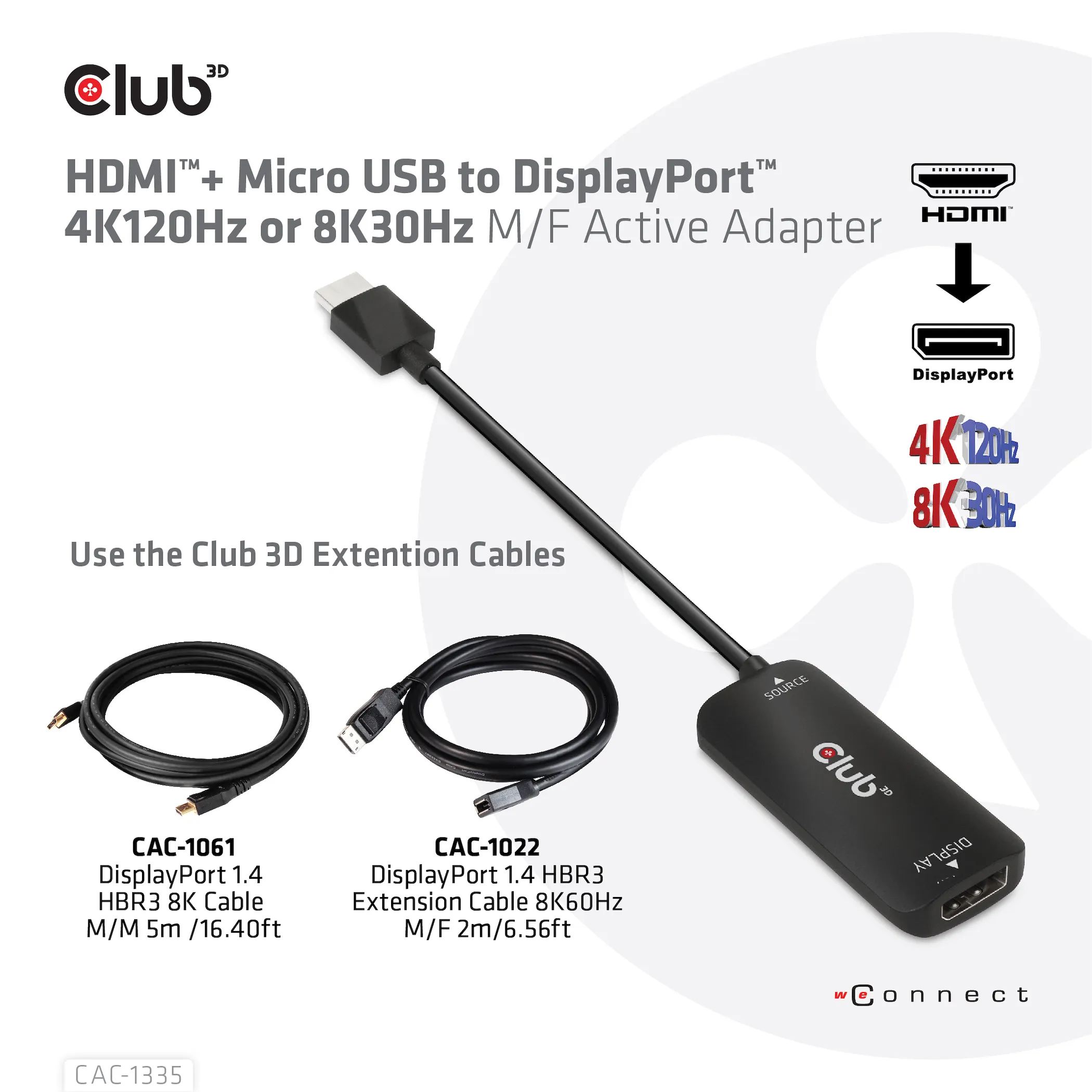 Club 3D HDMI 2.1 + Micro USB - DisplayPort active - adapter, Black