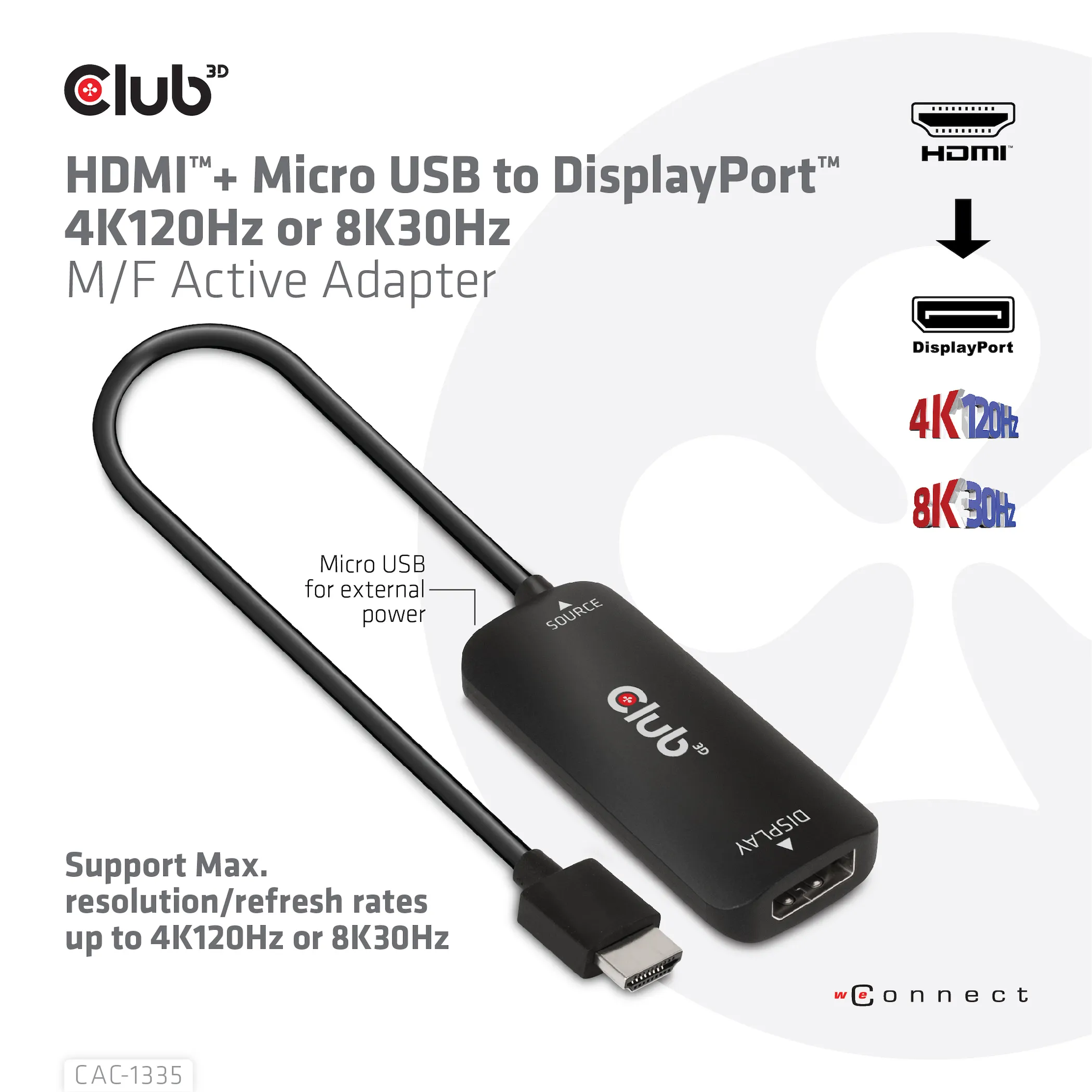 Club 3D HDMI 2.1 + Micro USB - DisplayPort active - adapter, Black