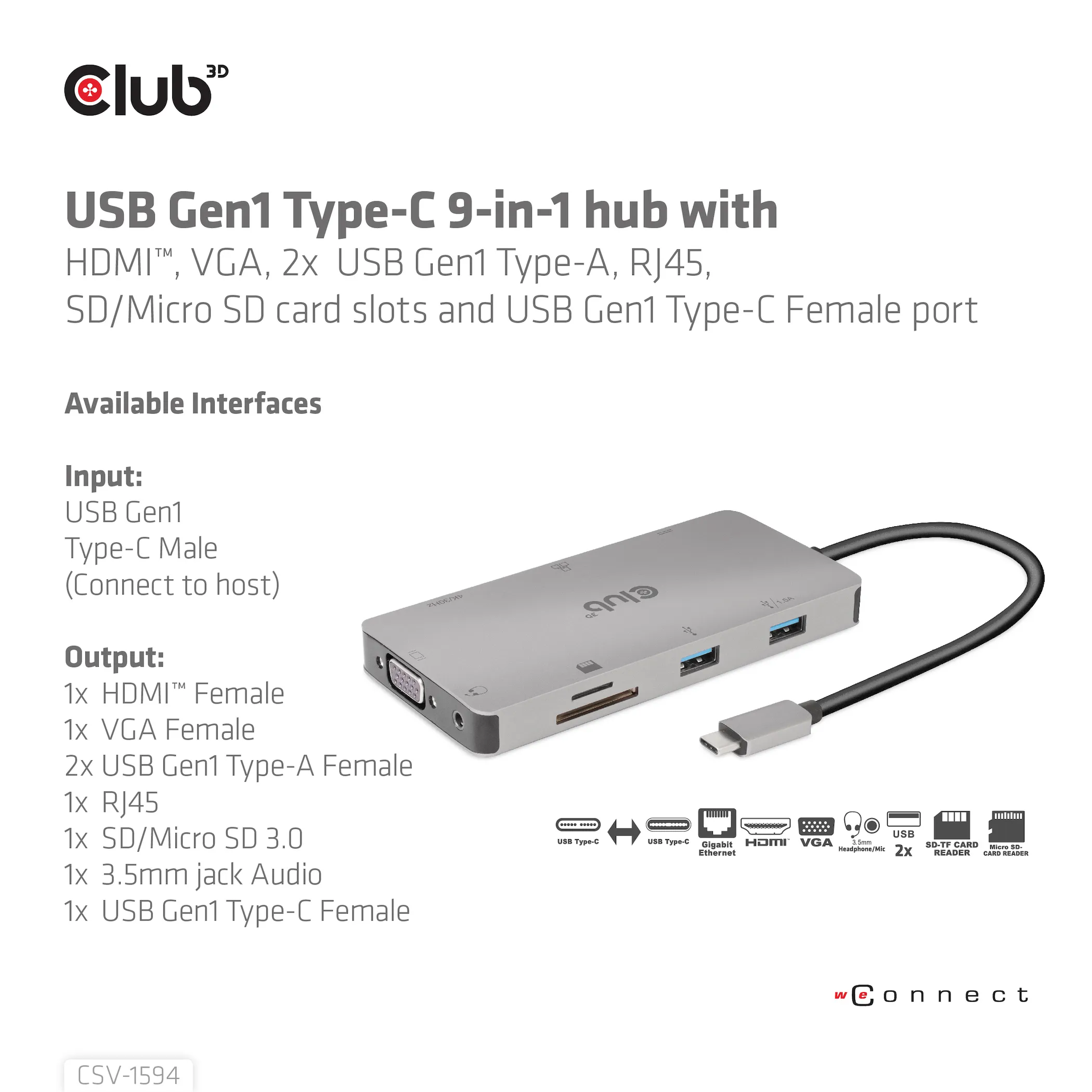 Club 3D 3.1 Gen1 USB-C 9-in-1 - hub, Grey
