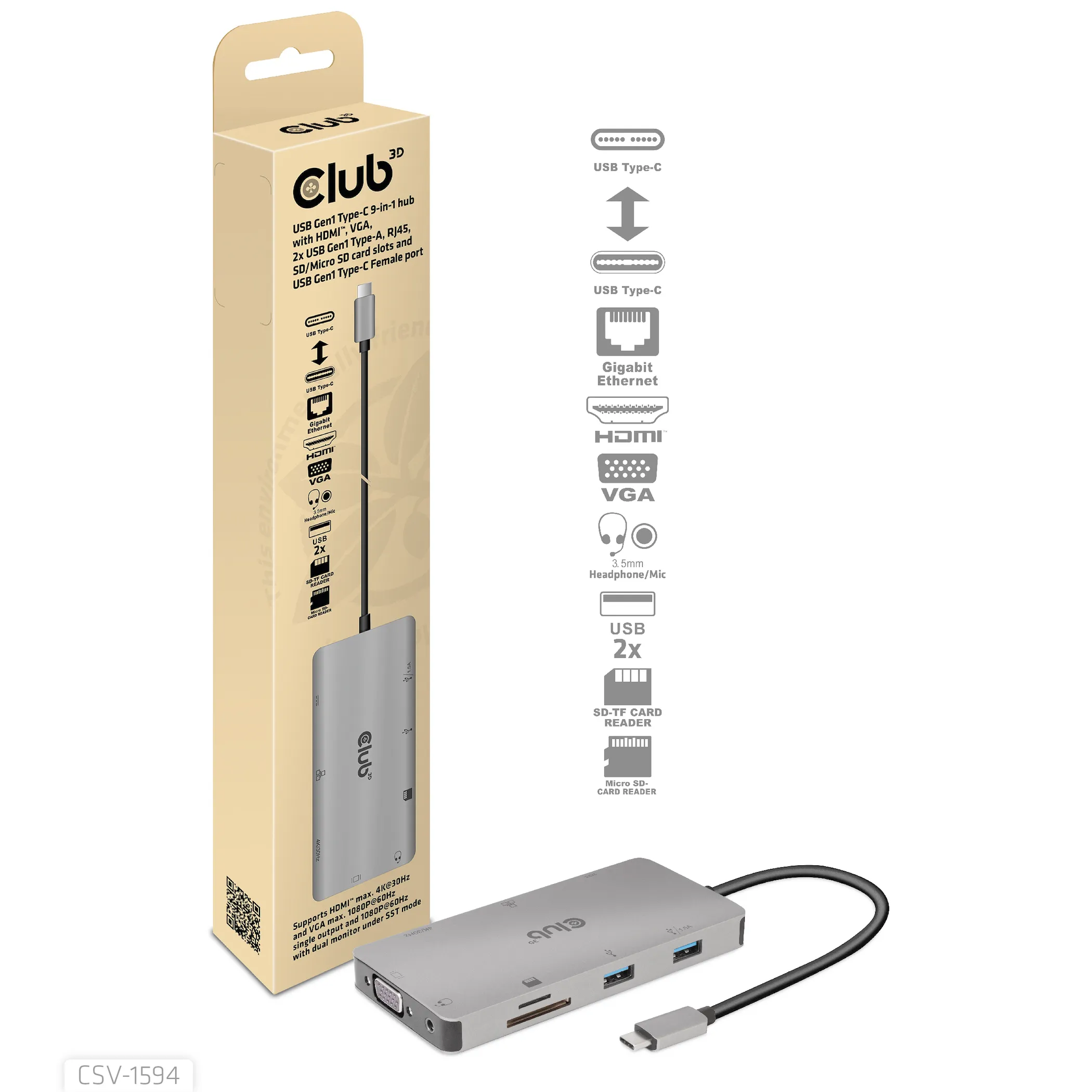 Club 3D 3.1 Gen1 USB-C 9-in-1 - hub, Grey