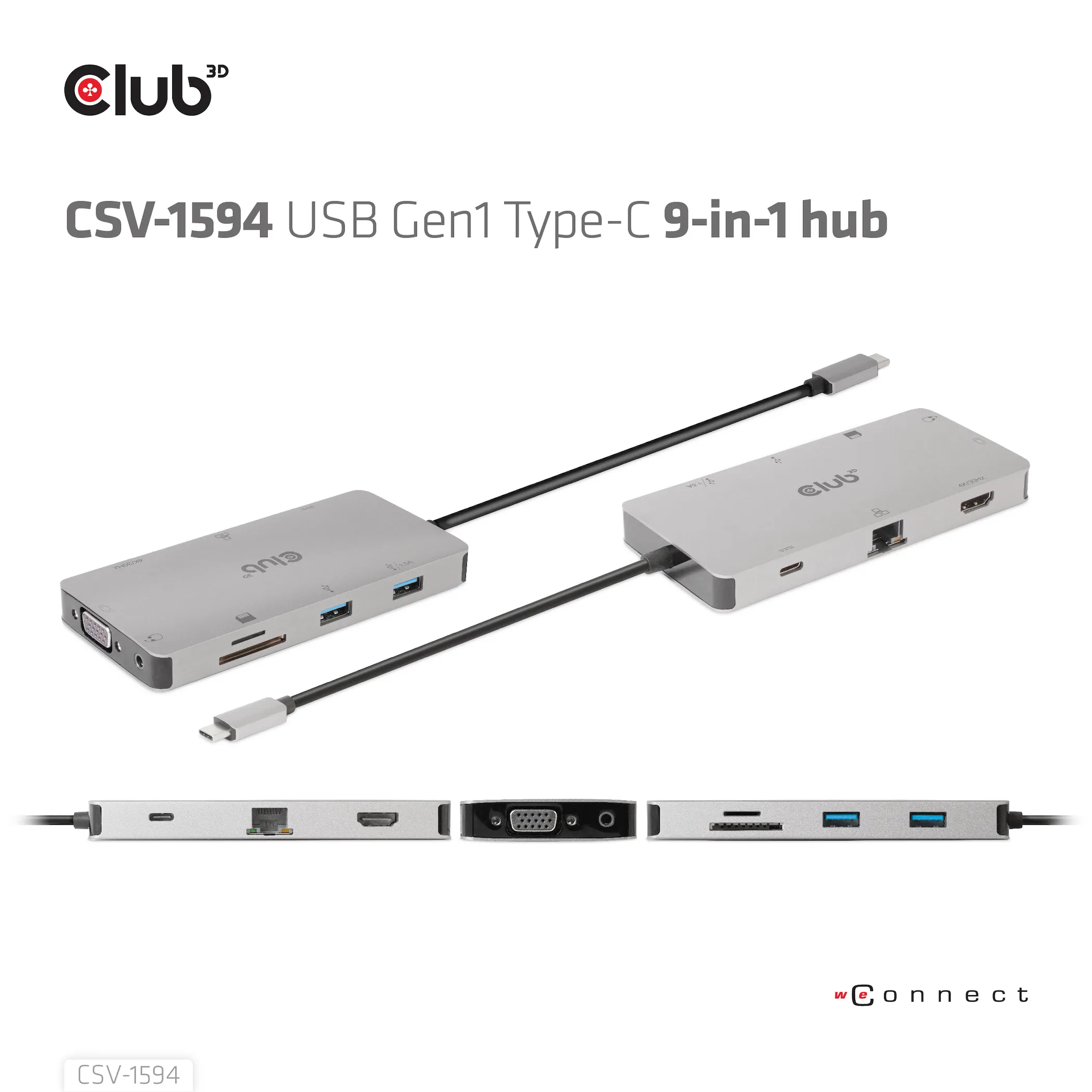 Club 3D 3.1 Gen1 USB-C 9-in-1 - hub, Grey