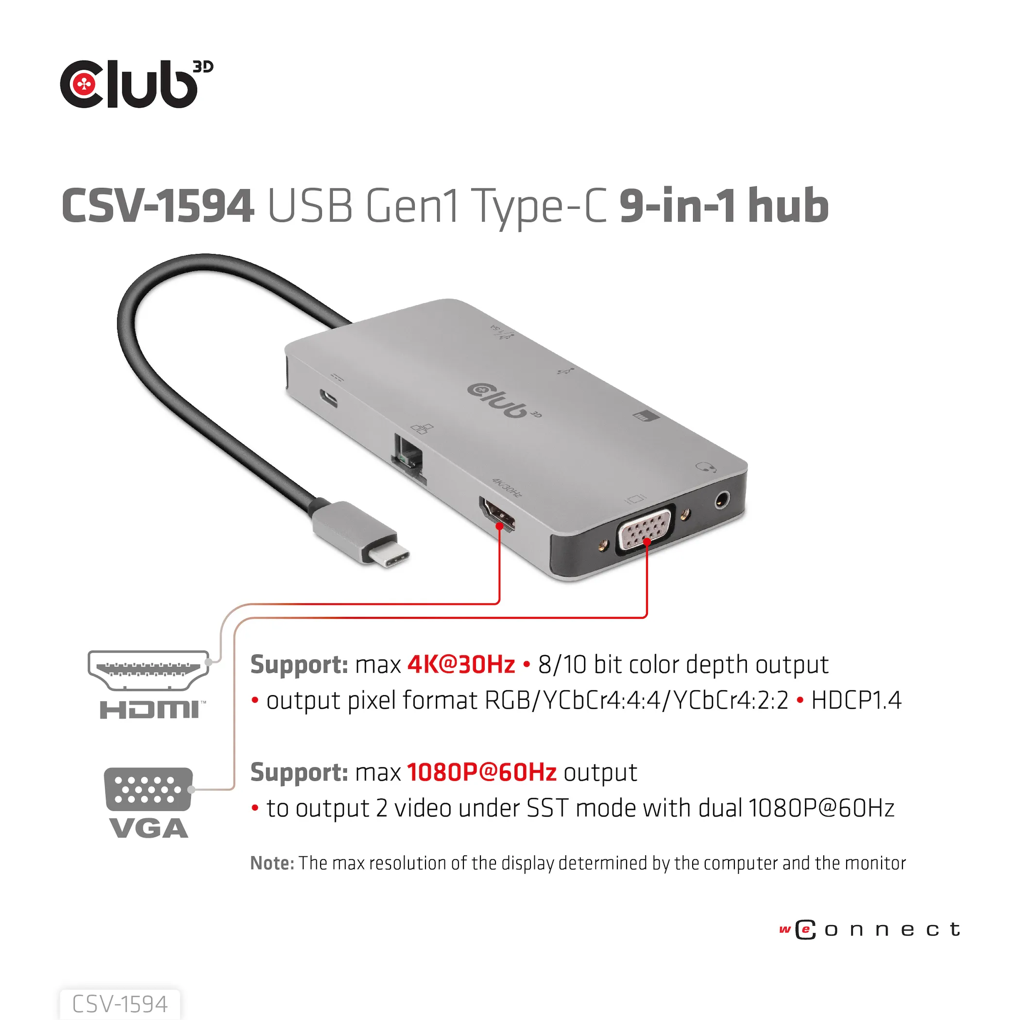 Club 3D 3.1 Gen1 USB-C 9-in-1 - hub, Grey