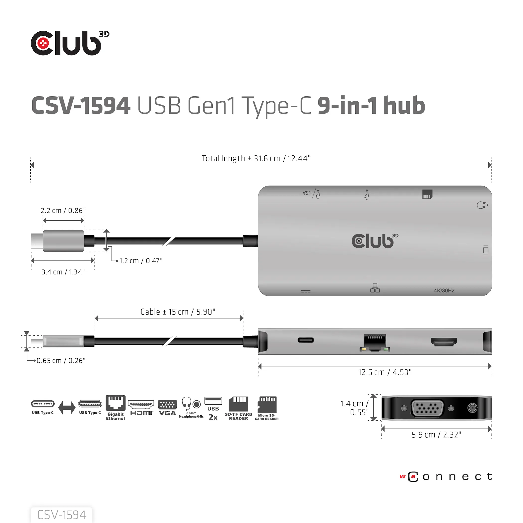 Club 3D 3.1 Gen1 USB-C 9-in-1 - hub, Grey