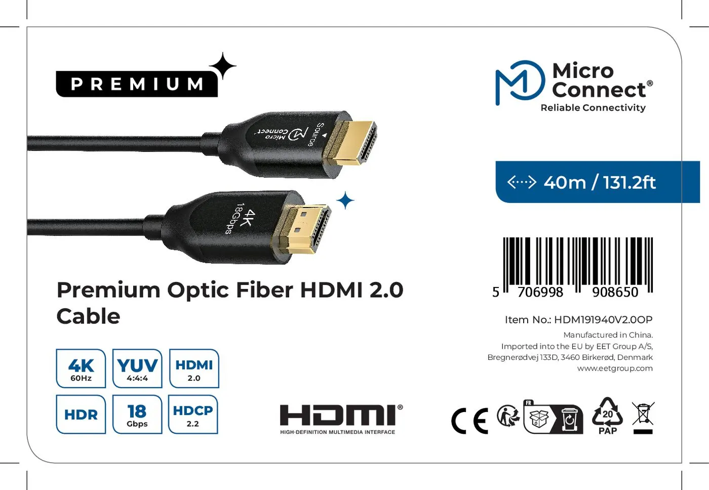 MicroConnect Premium High Speed Active Optical HDMI 2.0 cable, with Ethernet, 40 m, Black