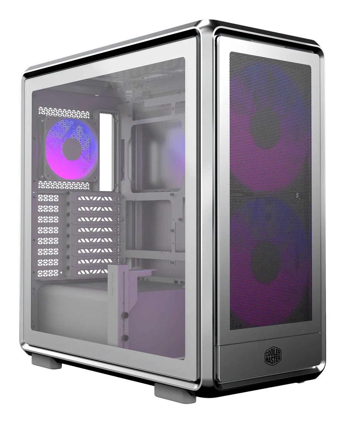 Cooler Master MasterFrame 600 Mesh ARGB midi-tower chassi med f&ouml;nster och RGB-belysning, silver
