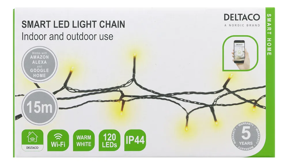 Deltaco Smart Home SHLW15M -&auml;lyvalonauha, l&auml;mmin valkoinen, 15m, 120 LED, IP44, Wi-Fi