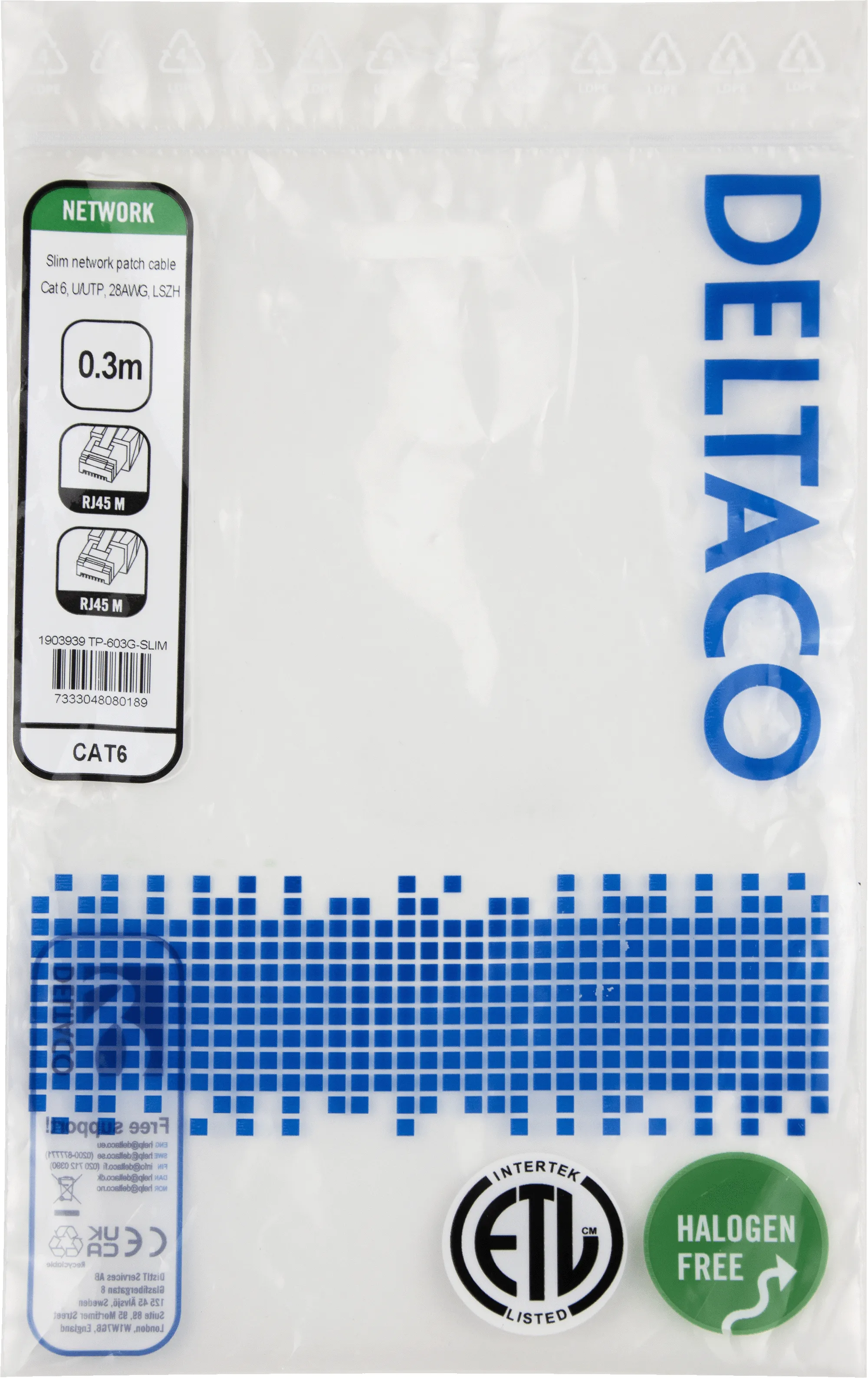 Deltaco Cat6 UTP LSZH RJ45 0.3m Network Cable, Green
