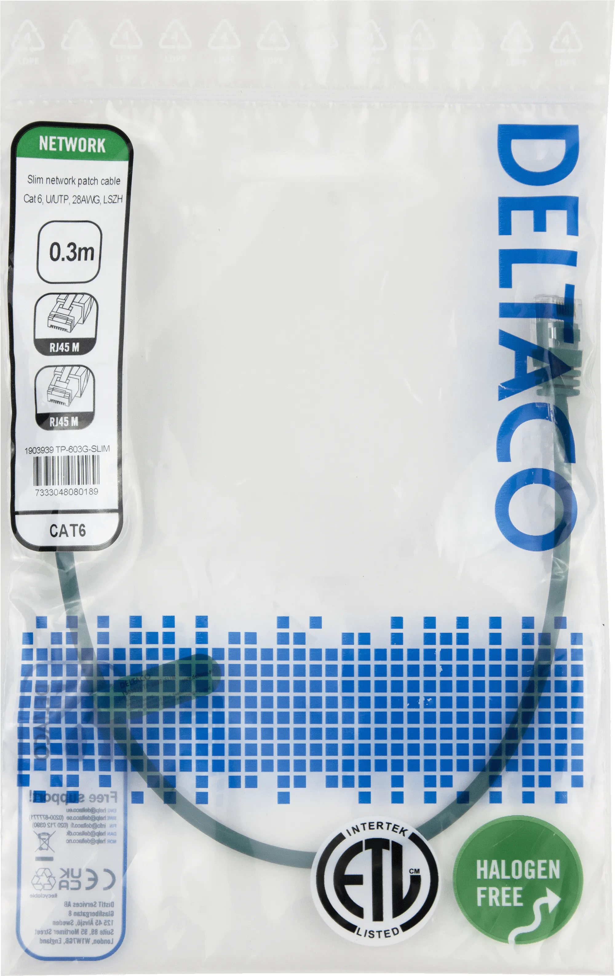 Deltaco Cat6 UTP LSZH RJ45 0.3m Network Cable, Green